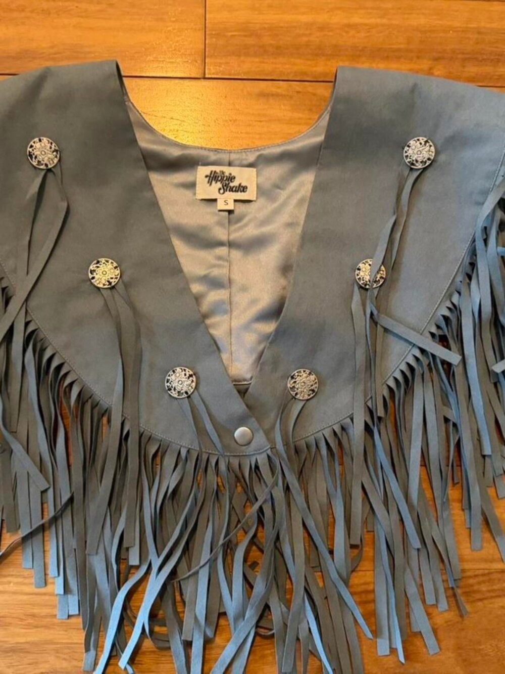 The Hippie Shake Blue Suede Fringe Vest Boho Festival Size S